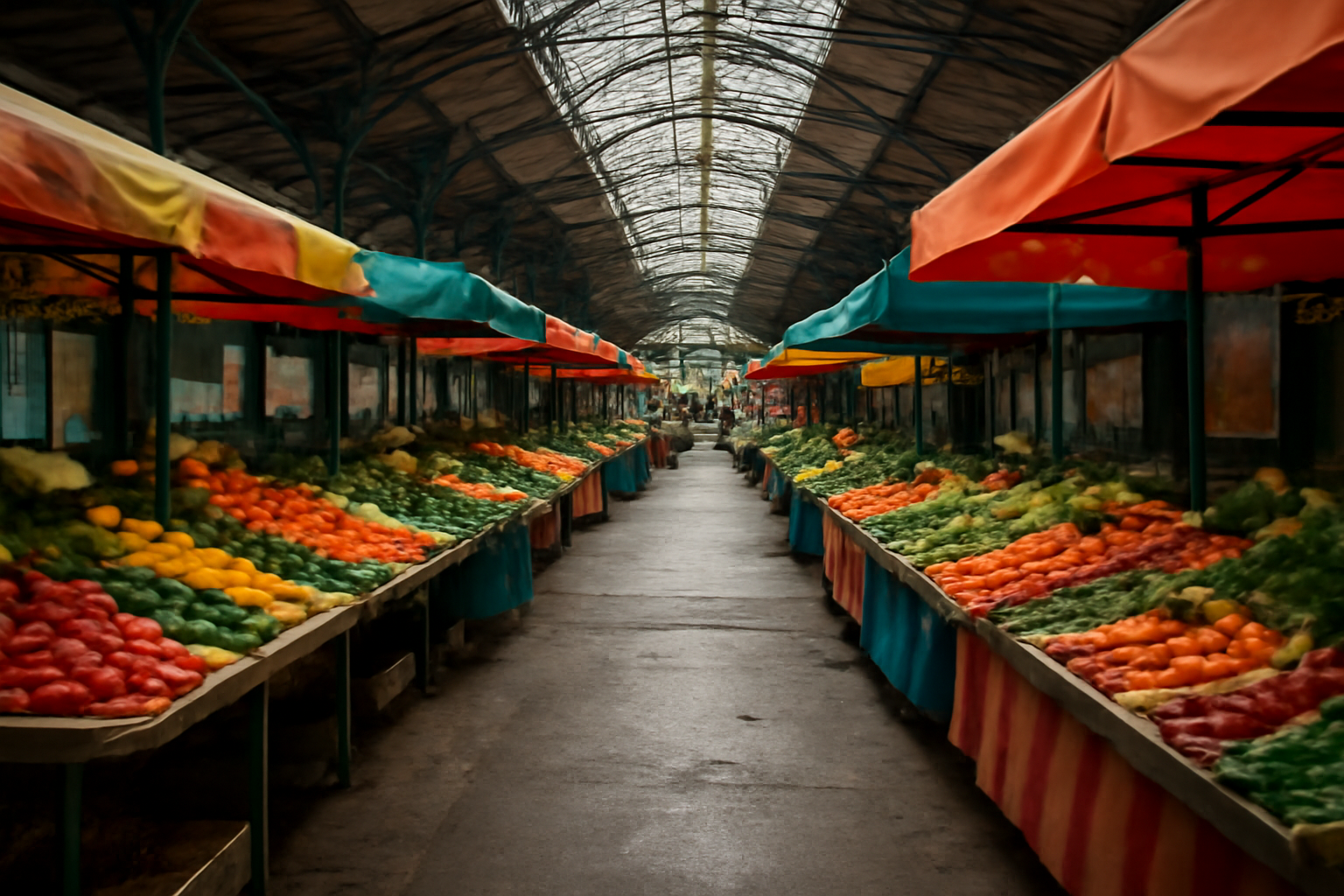 allée marché couvert stands colorés matin