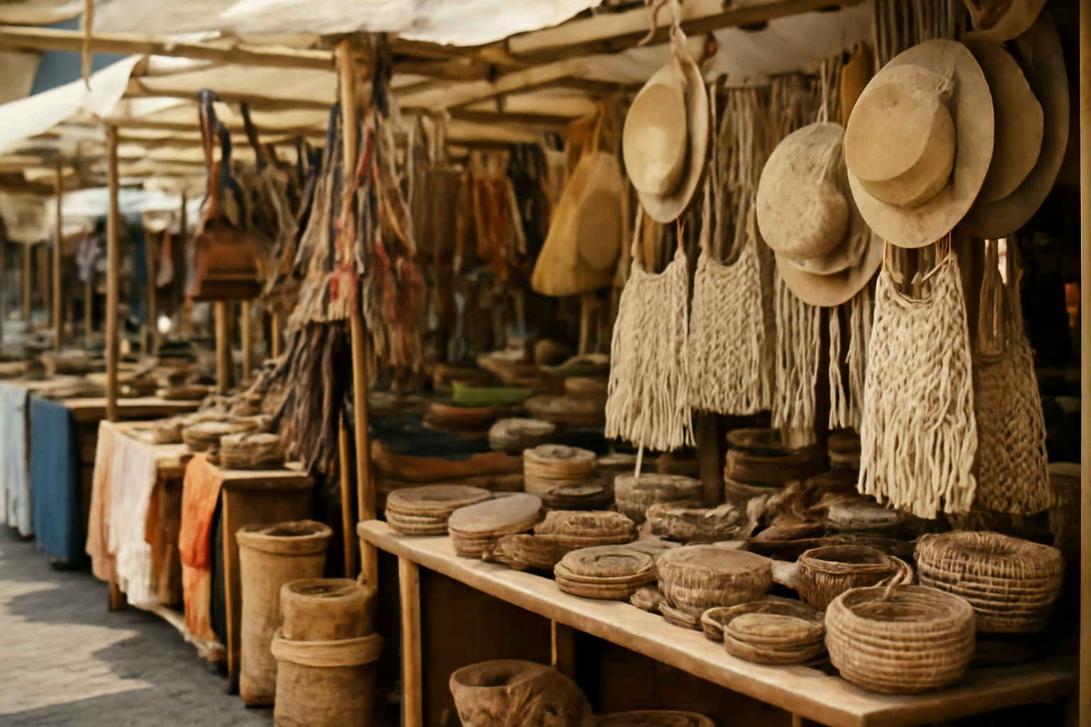stands de marché avec accessoires artisanaux variés
