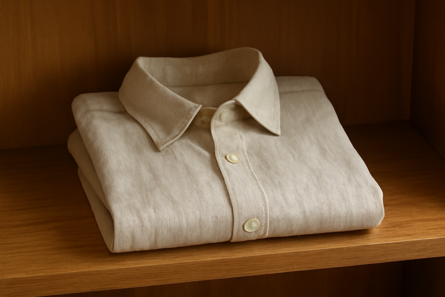 chemise en lin pliée sur étagère en bois