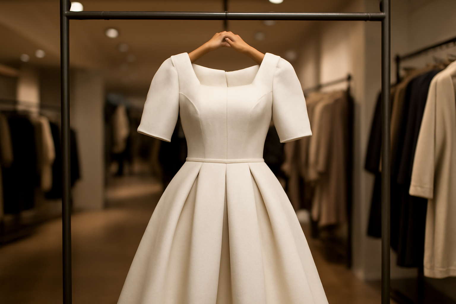 robe structurée exposée sur cintre en boutique