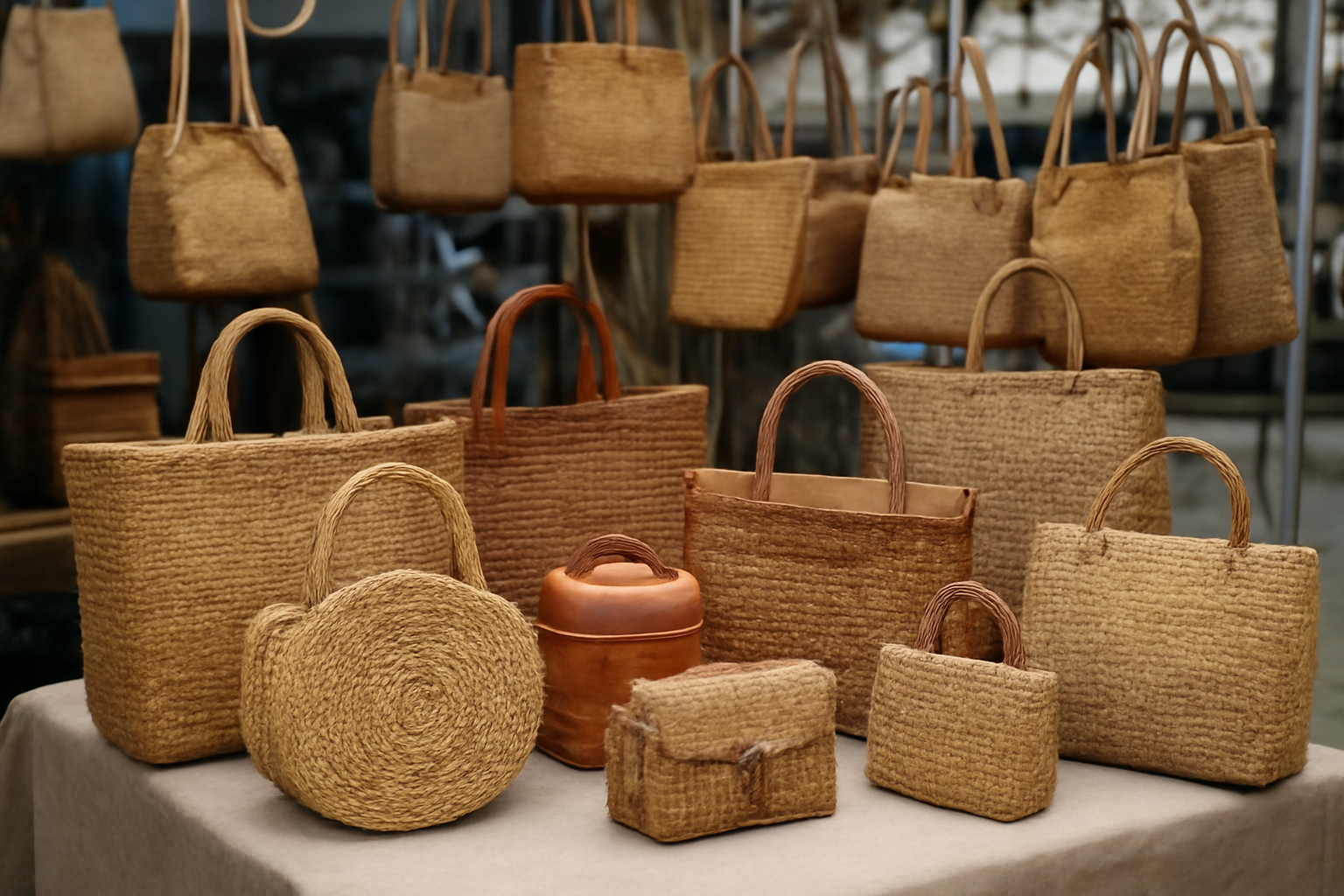 étalage de sacs artisanaux sur un marché