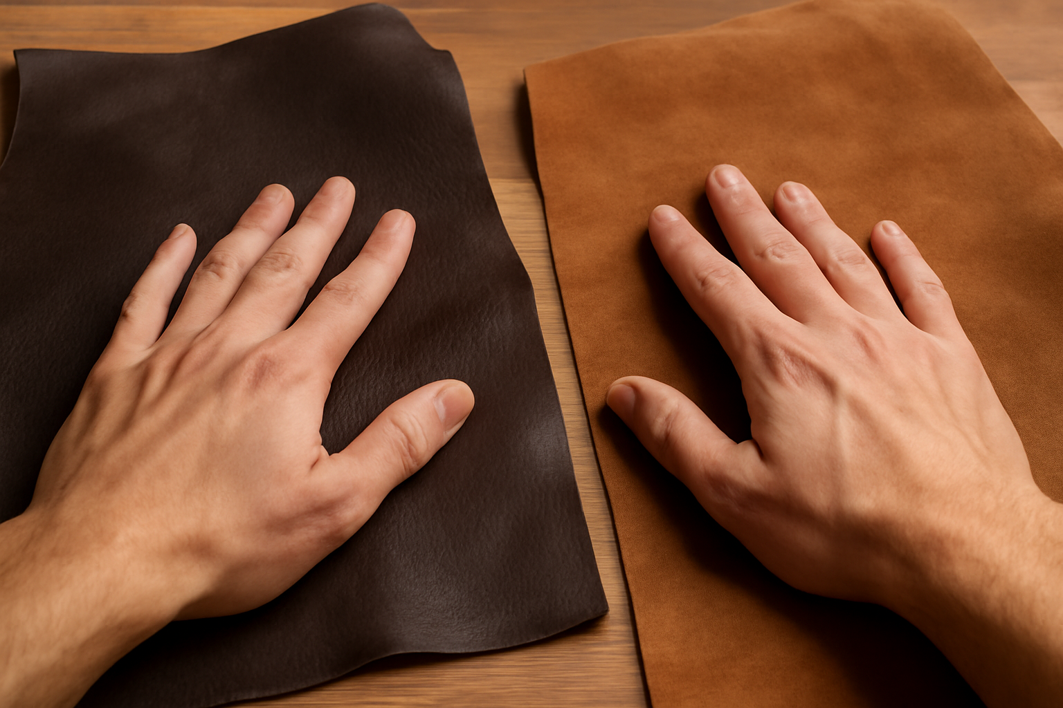 mains touchant cuir et daim sur table