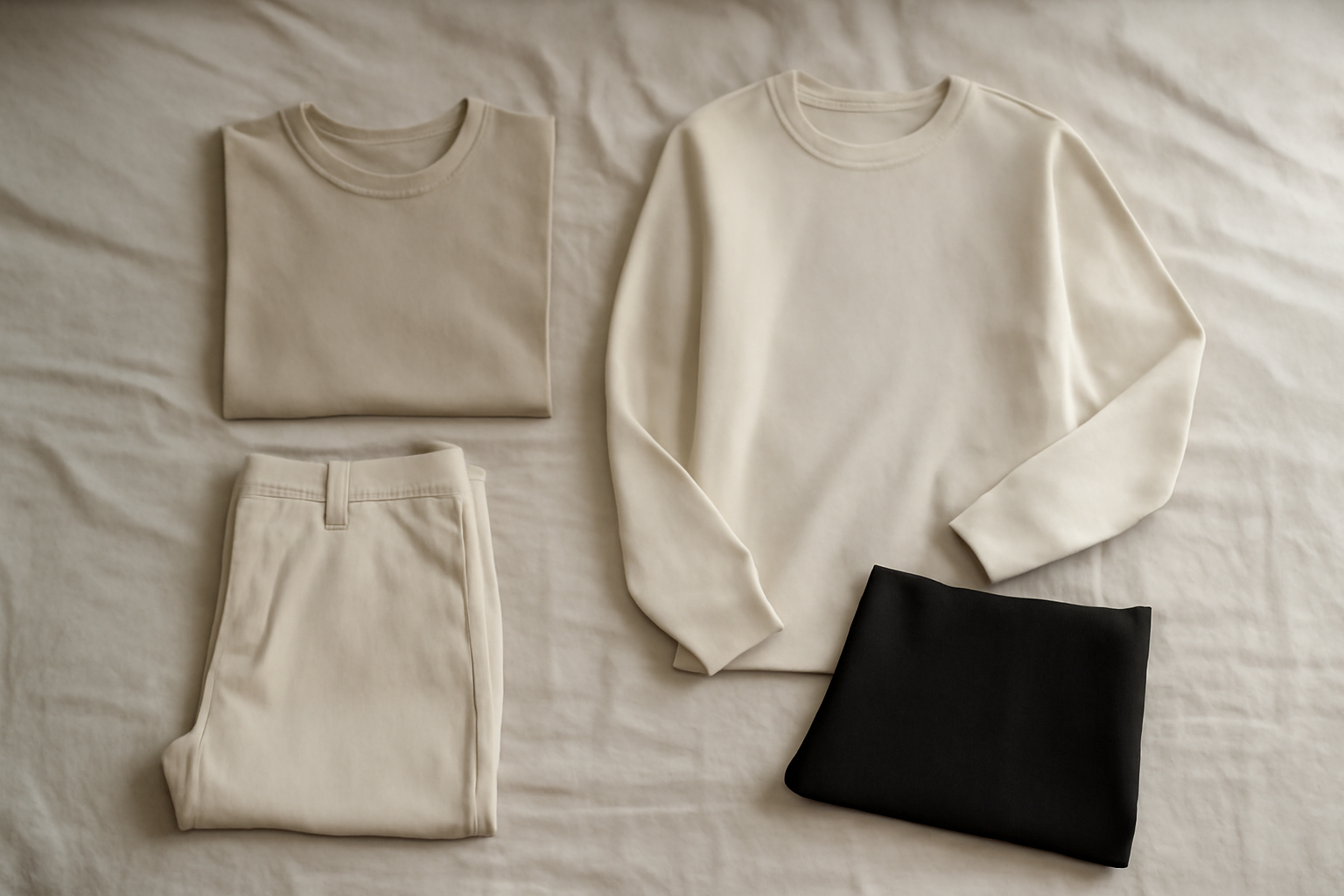 vêtements minimalistes étalés sur lit