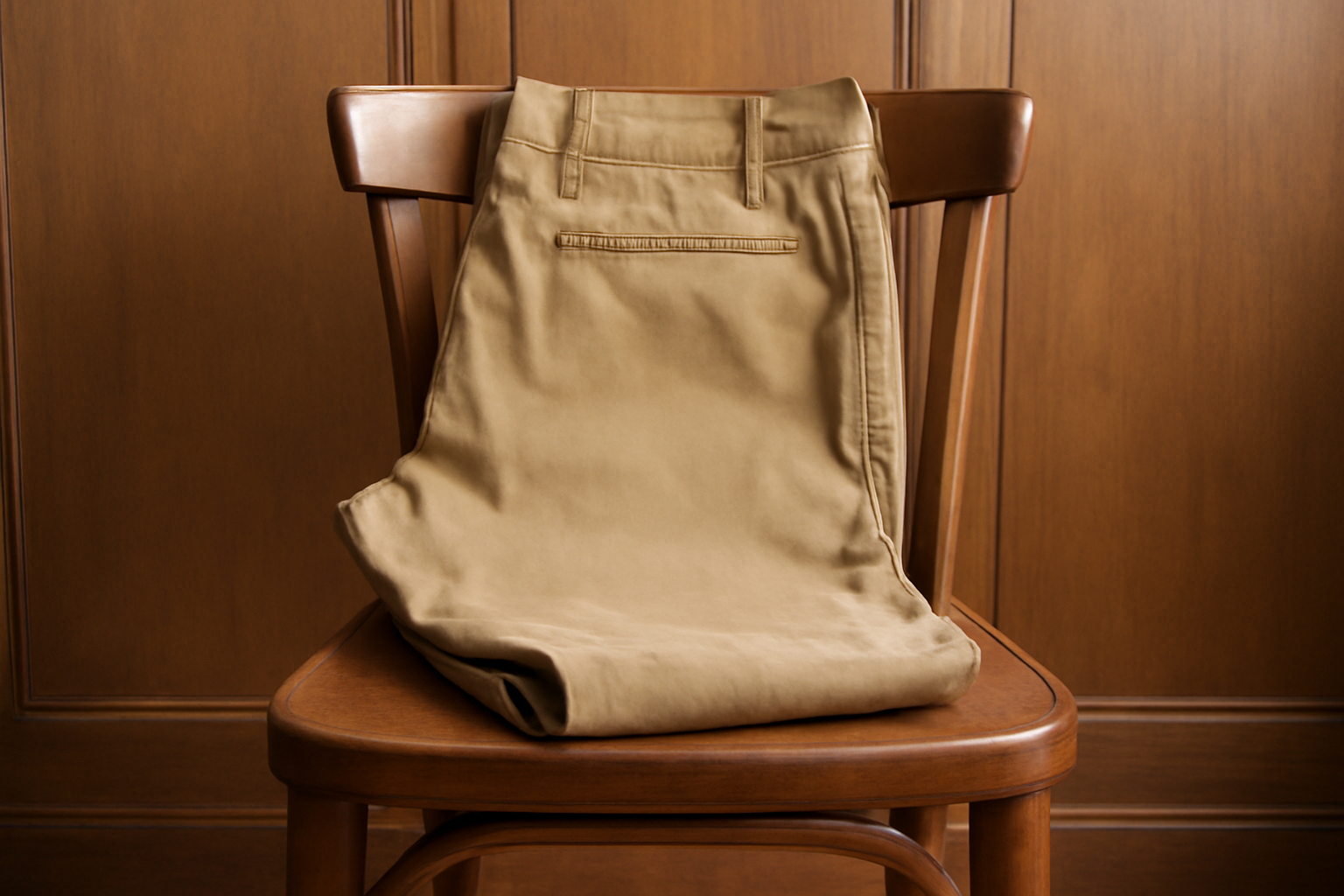 magasindemode-pantalon-casual-chic pantalon chino pose sur chaise en boiserie