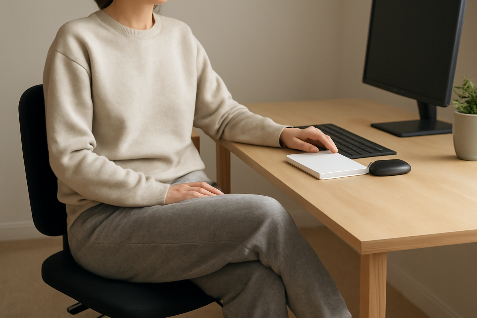 personne assise en pantalon confortable à un bureau