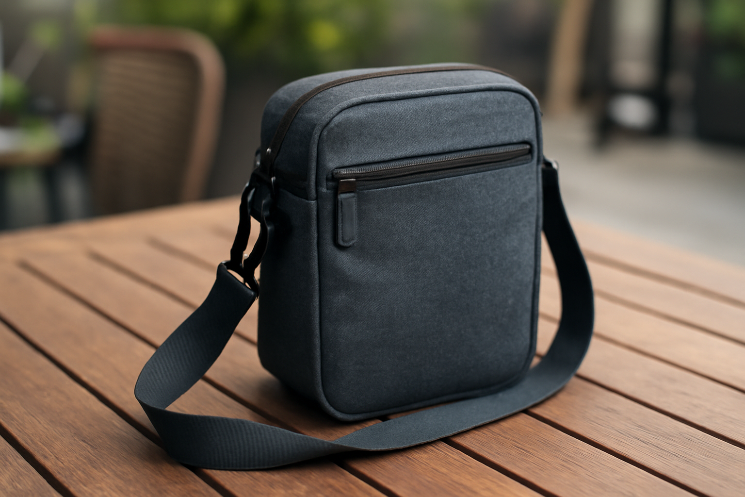 sac compact posé sur une table de terrasse