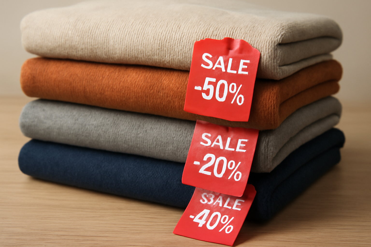 vêtements pliés avec étiquettes de réductions
