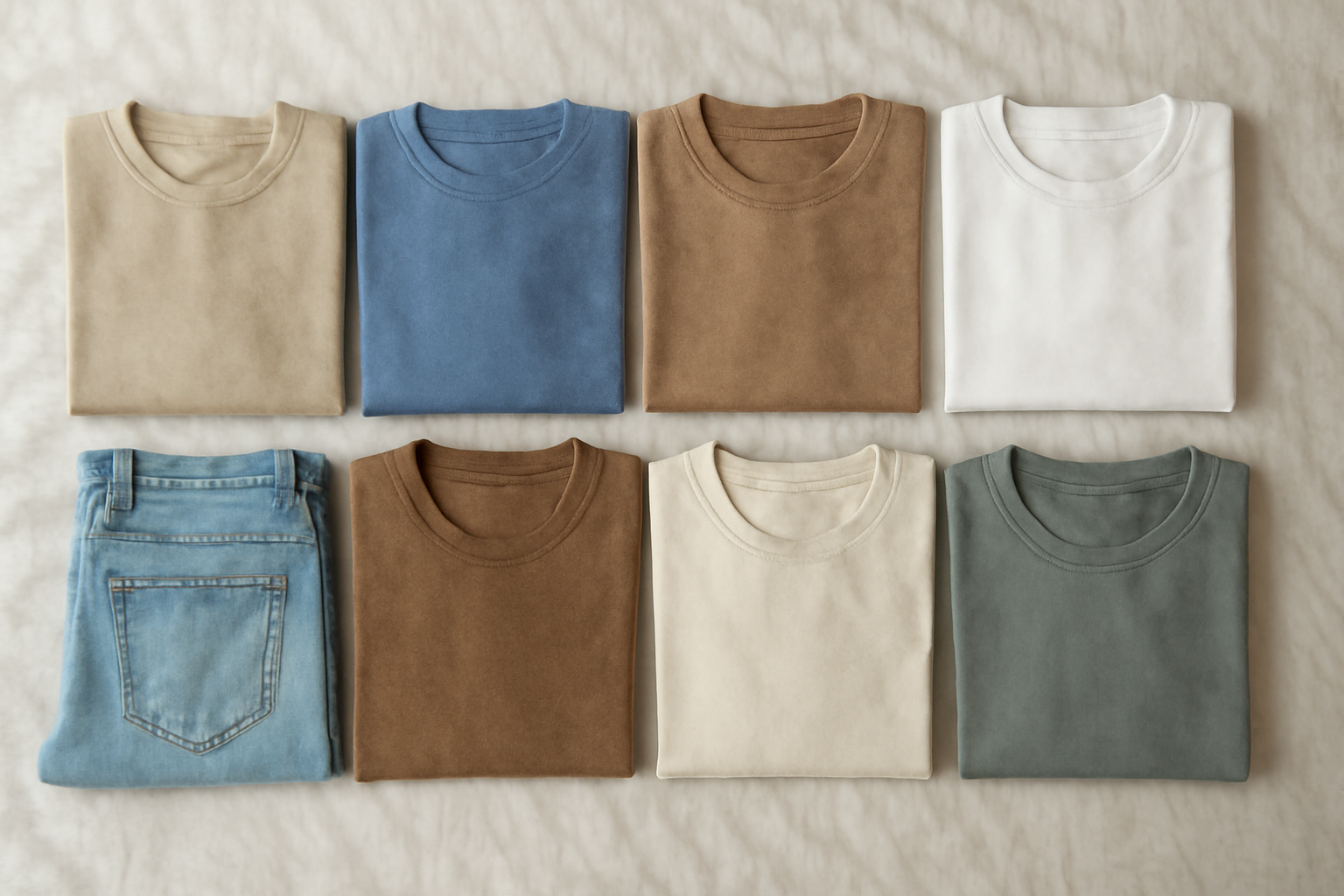 dix vêtements pliés et alignés sur lit