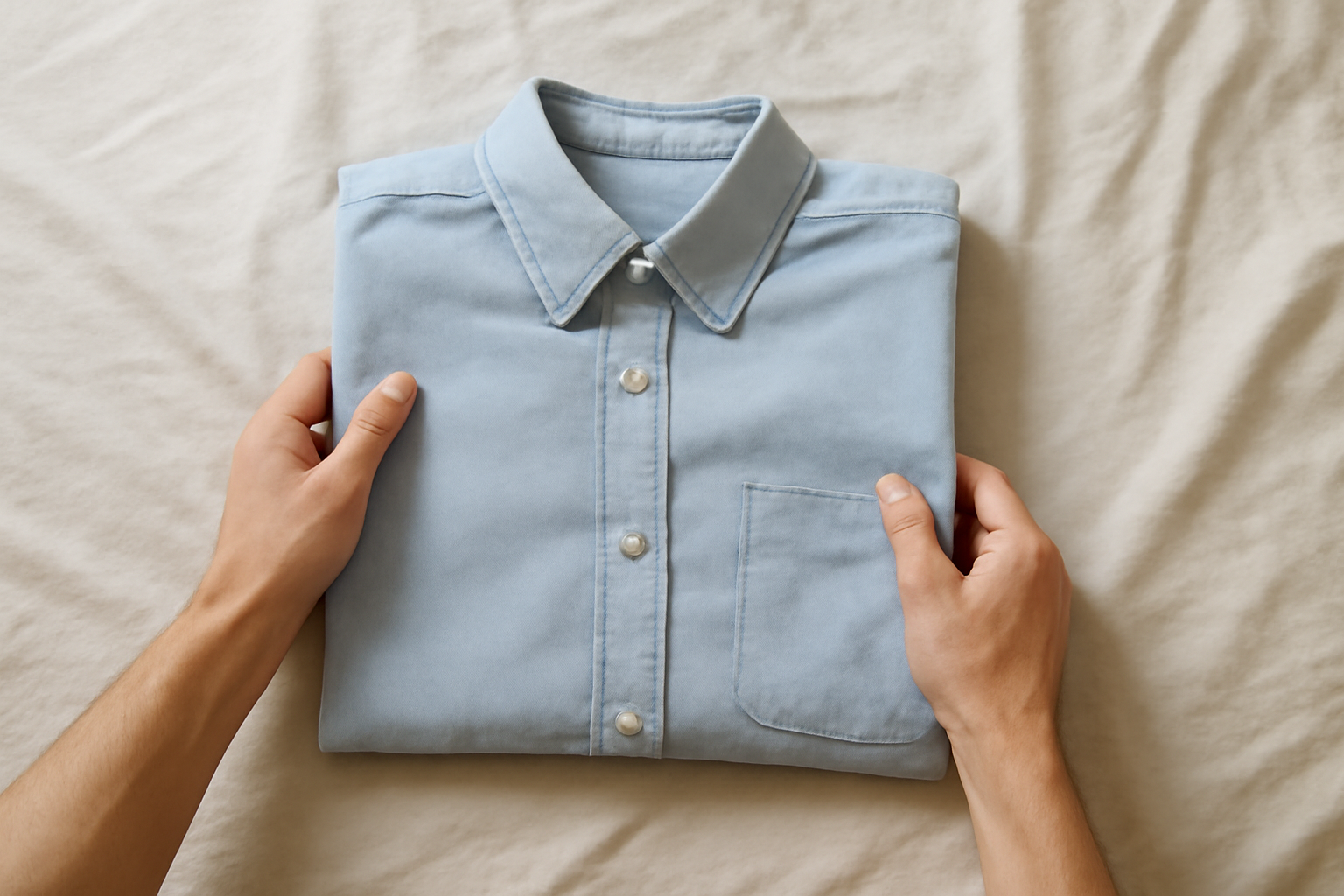 magasindemode-plier-chemise-voyage mains pliant une chemise sur lit