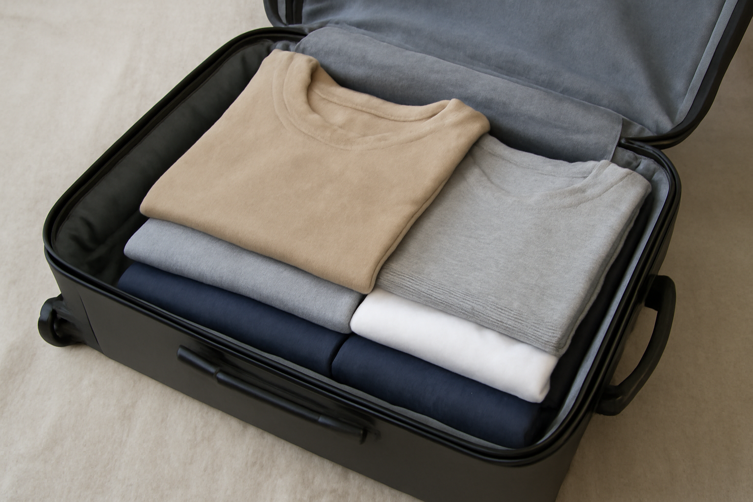 t-shirts pliés en pile dans valise ouverte