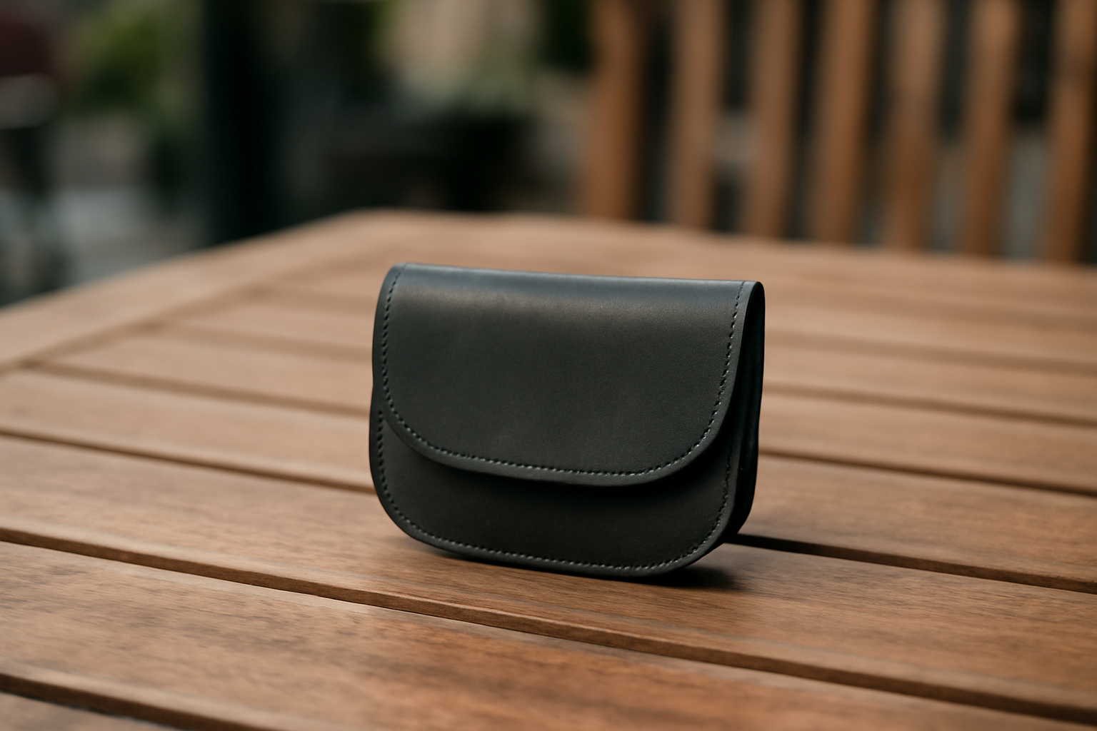 magasindemode-porte-monnaie-minimal-urbain porte-monnaie minimal pose sur table en terrasse