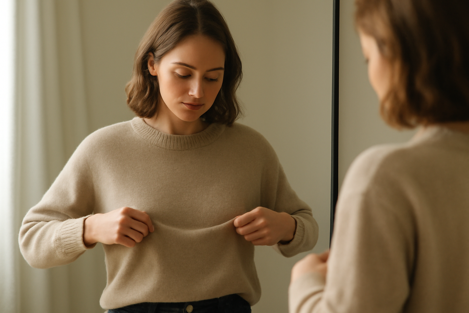 personne ajustant un pull devant un miroir