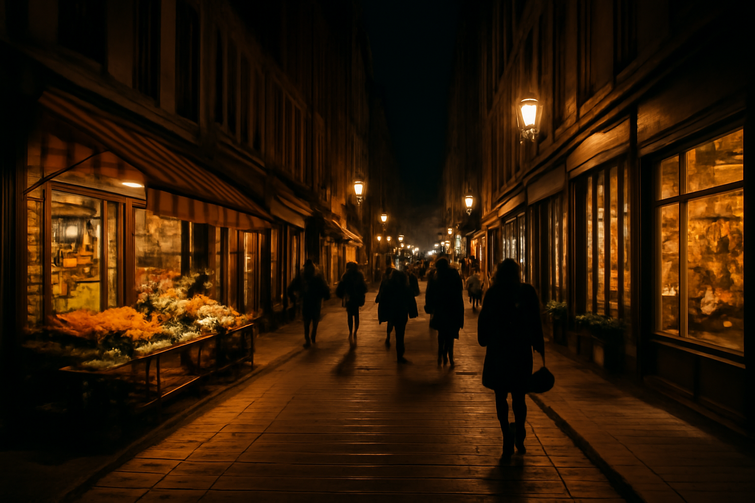 rue commerçante illuminée la nuit