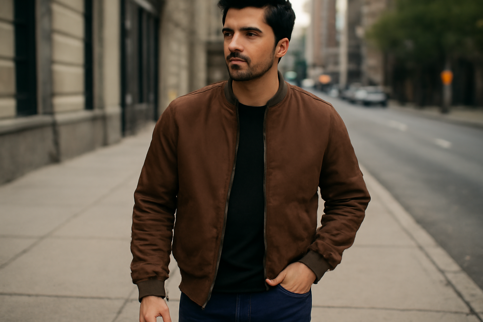 magasindemode-quel-bomber-decontracte-chic homme portant un bomber sur trottoir urbain