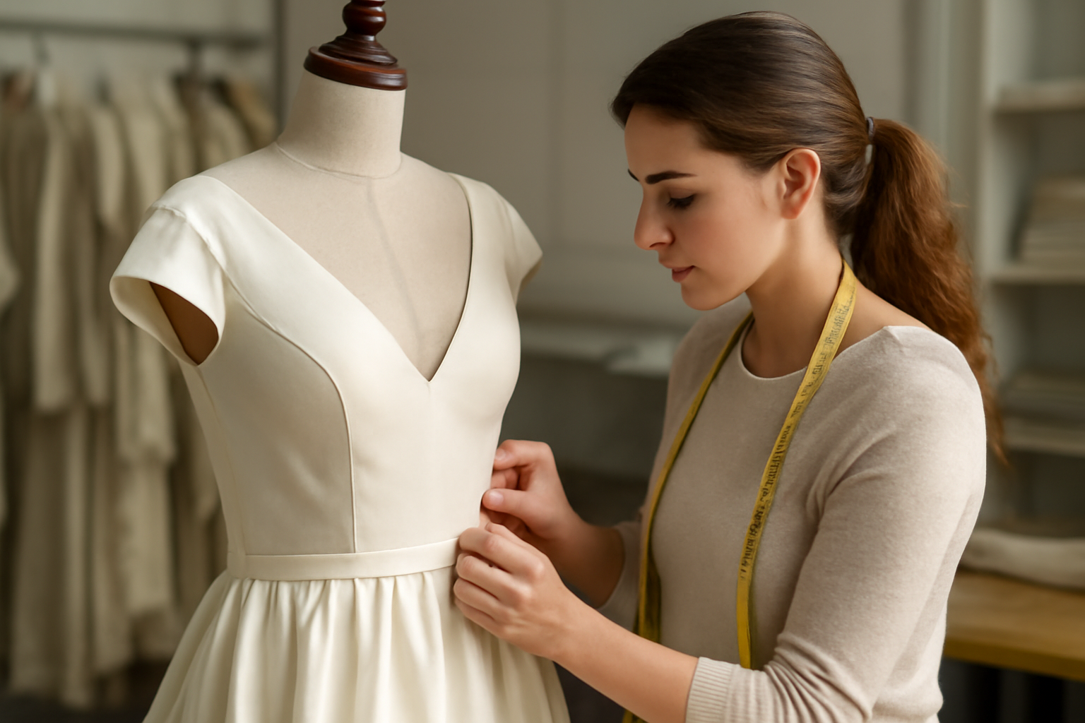 couturiere ajustant une robe sur mannequin