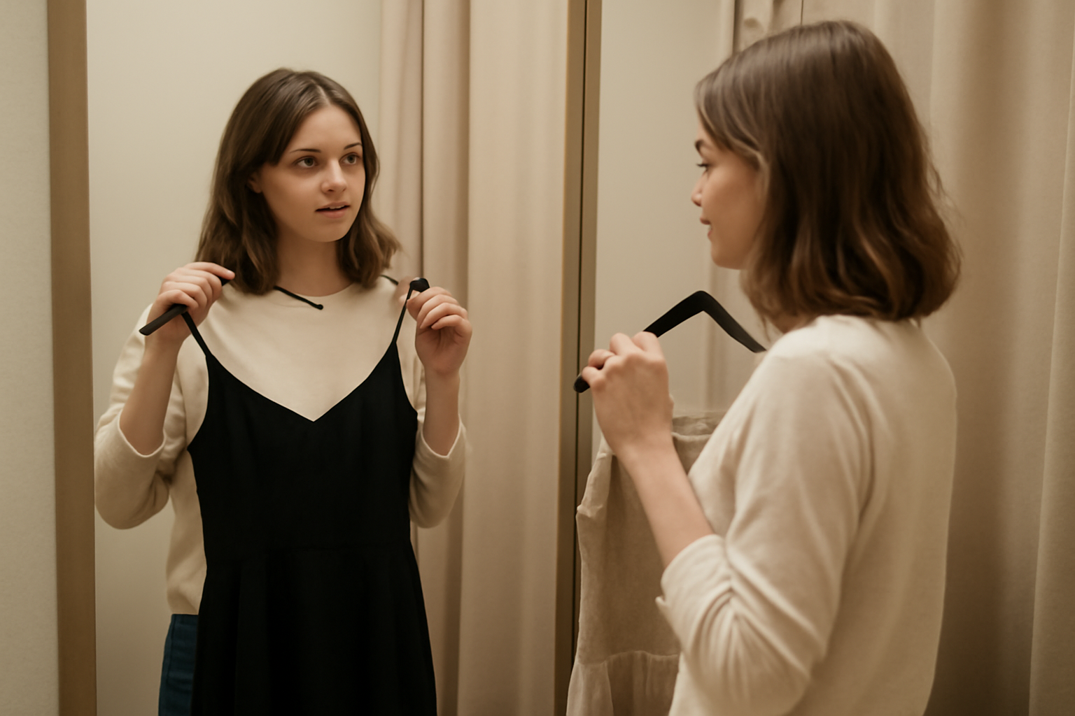 magasindemode-robe-midi-ou-mini femme comparant deux robes devant un miroir