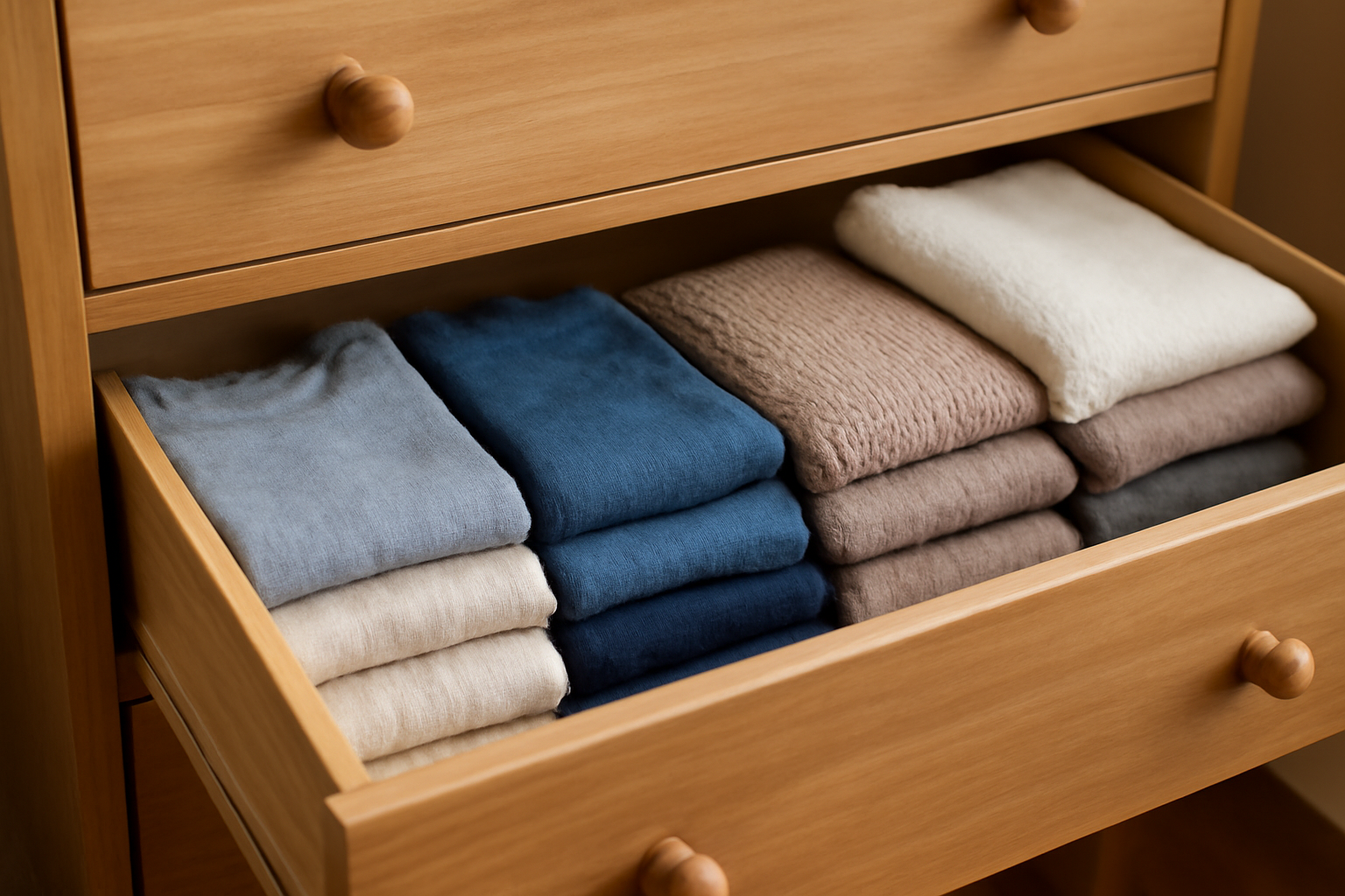 commode ouverte vêtements pliés et prêts