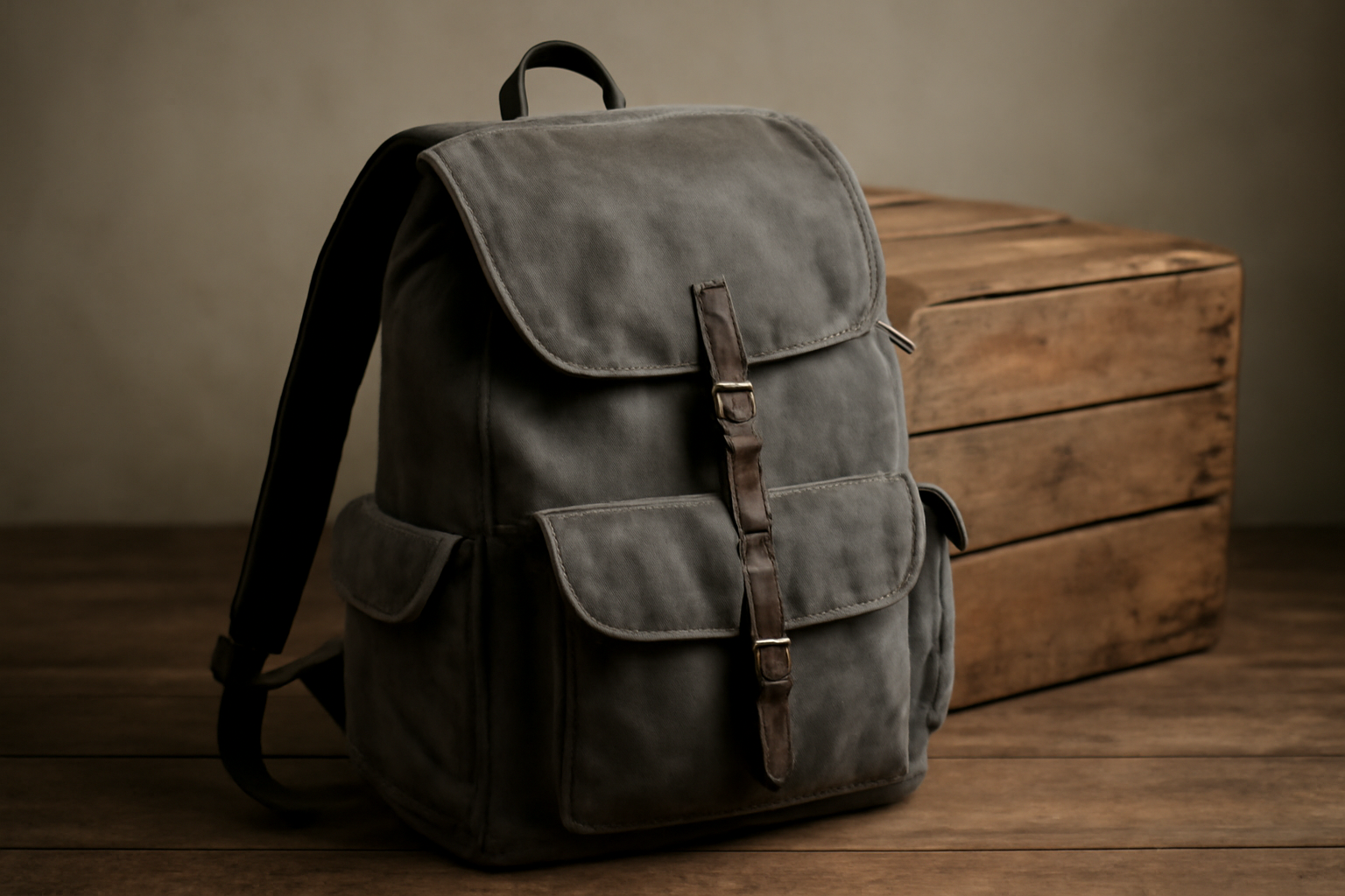 sac à dos posé près d'une caisse