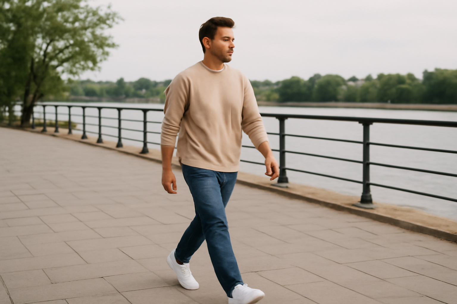 personne marchant sur promenade en tenue décontractée