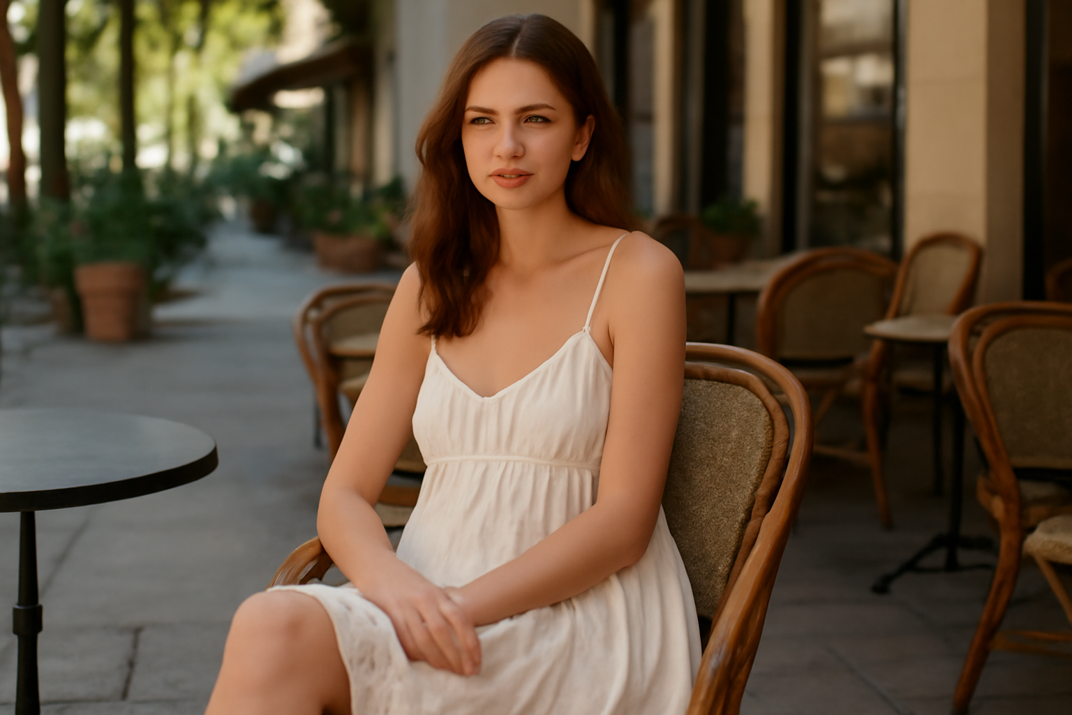 femme assise en terrasse robe légère