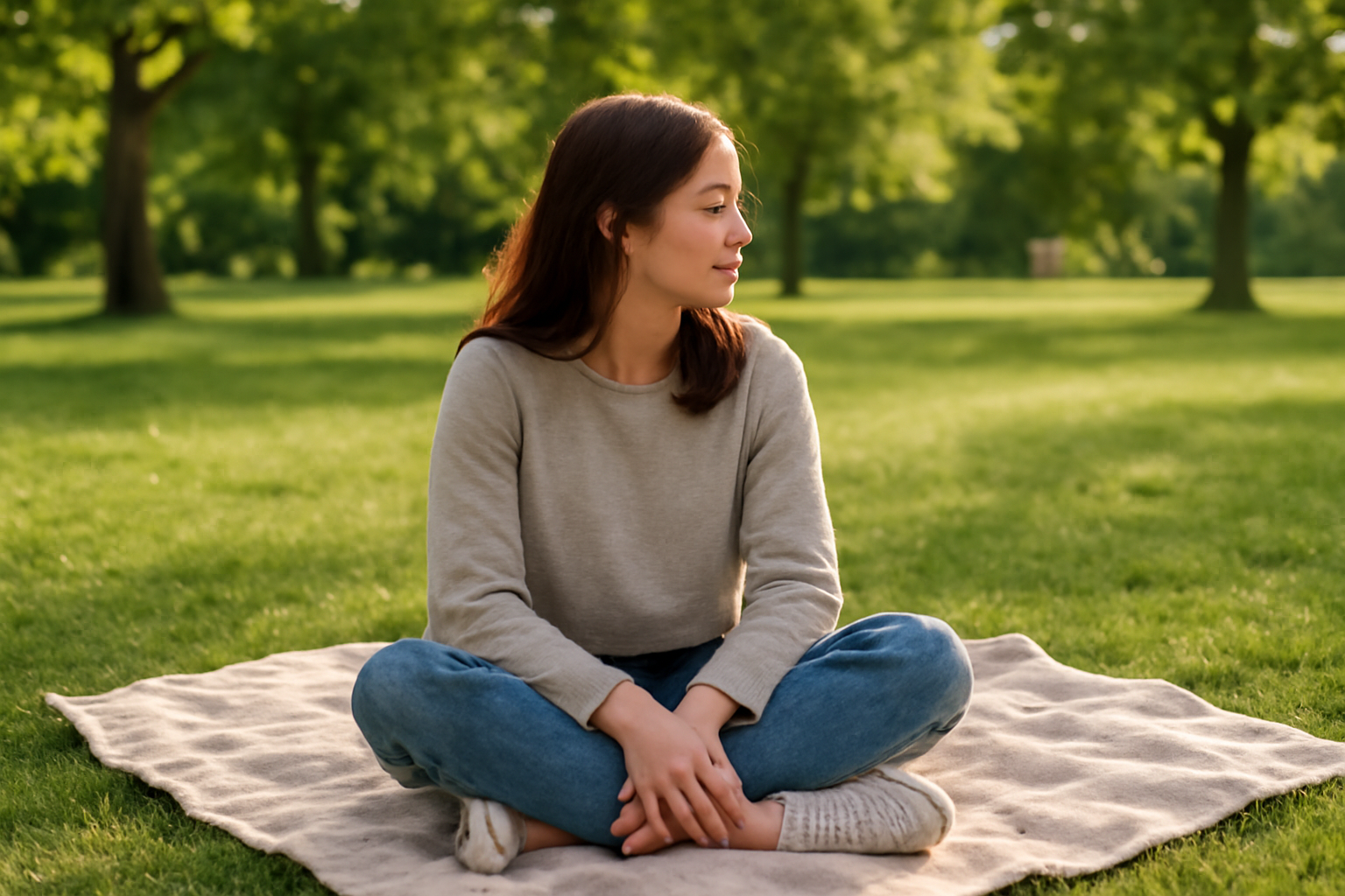 personne assise sur une couverture au parc