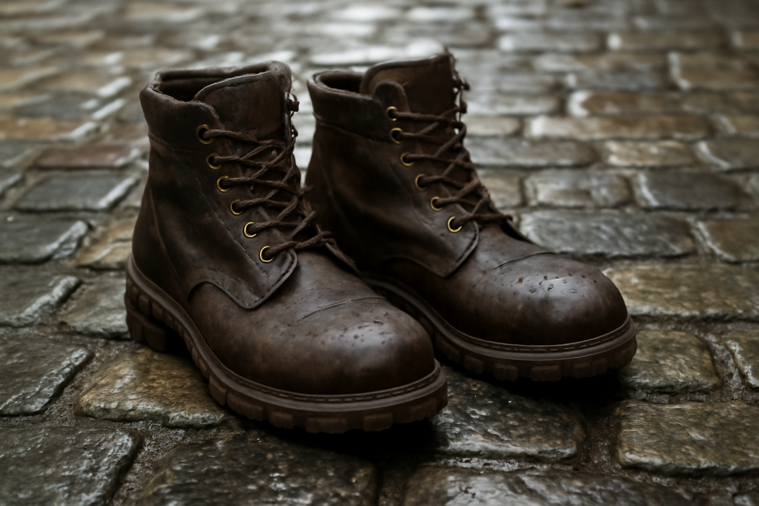 bottes robustes posées sur pavé mouillé