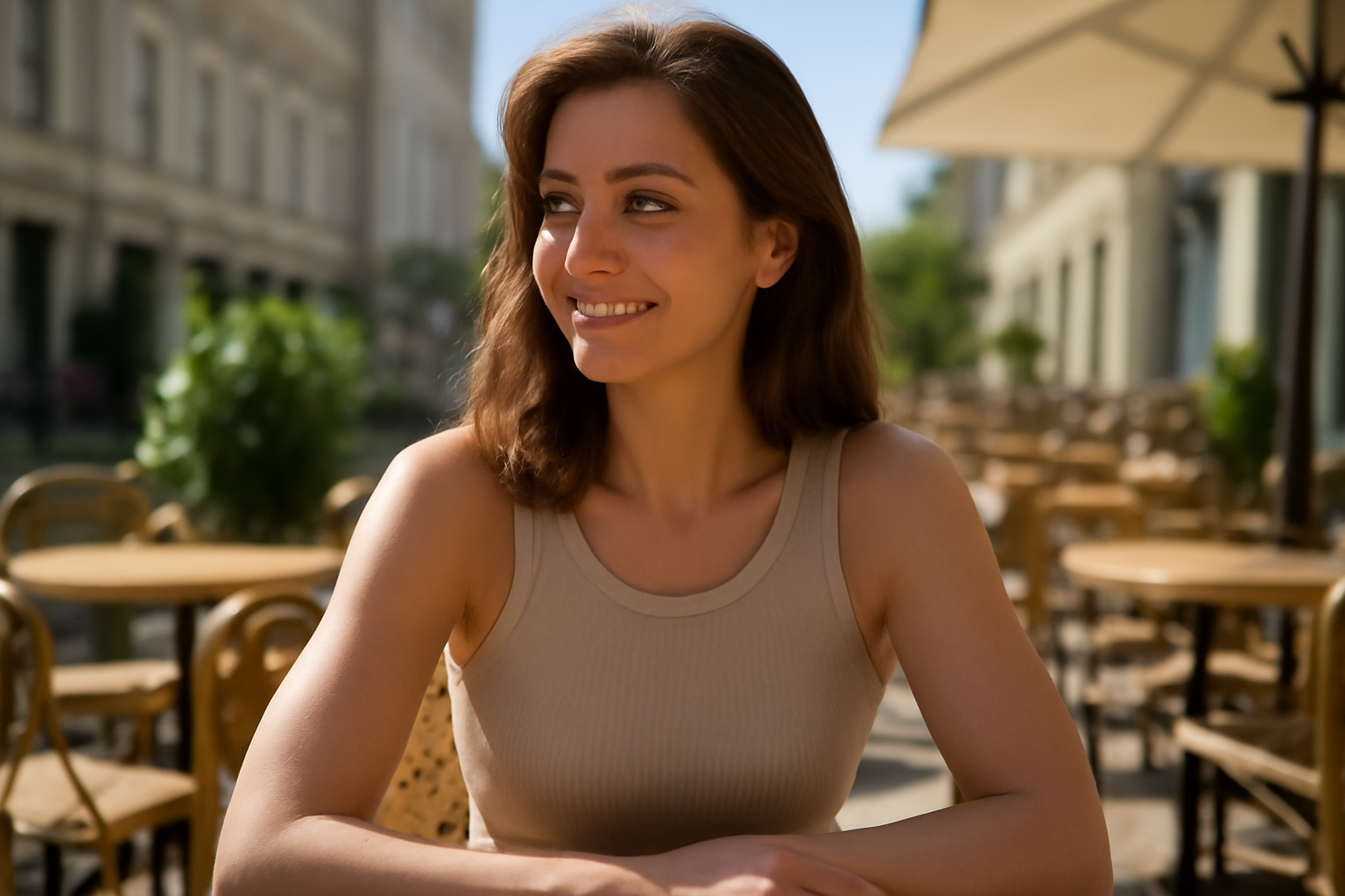 femme portant top sans manches en terrasse ensoleillée