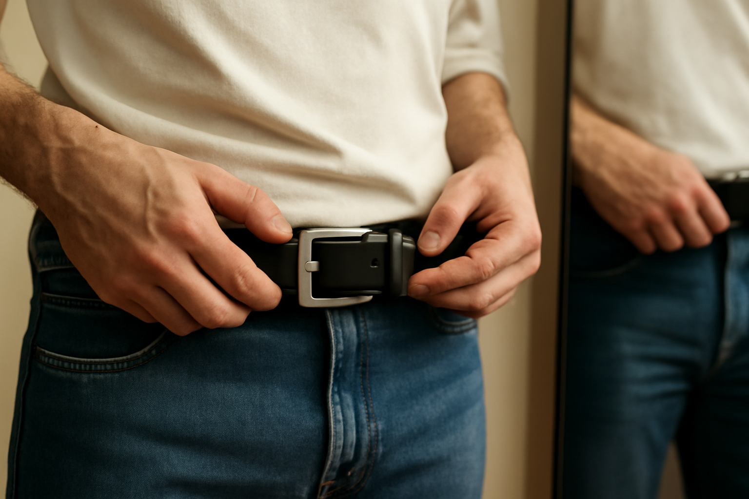 mains ajustant ceinture devant miroir