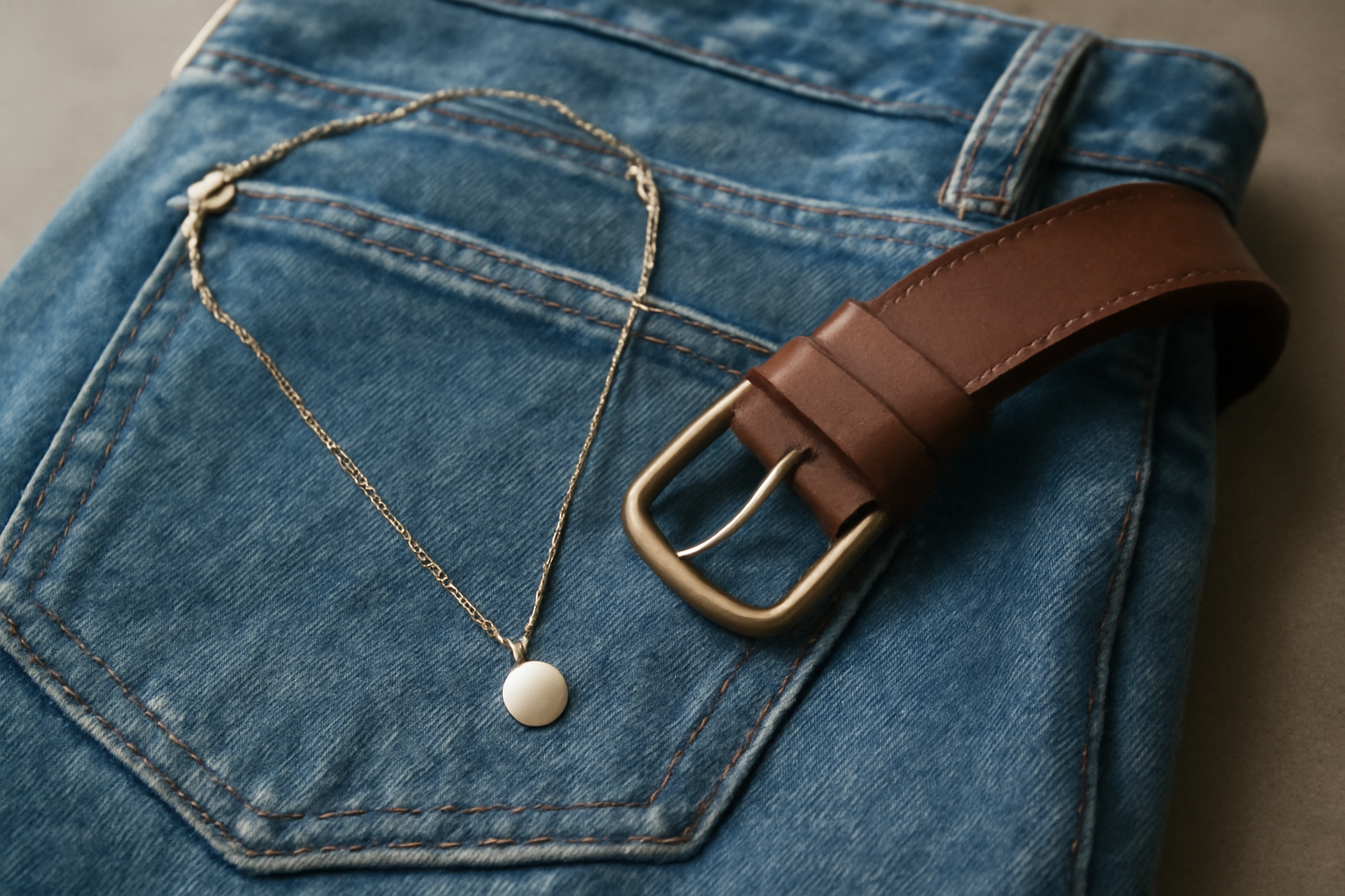 magasindemode-accessoires-minimalistes-jean collier fin et ceinture posés sur jean plié