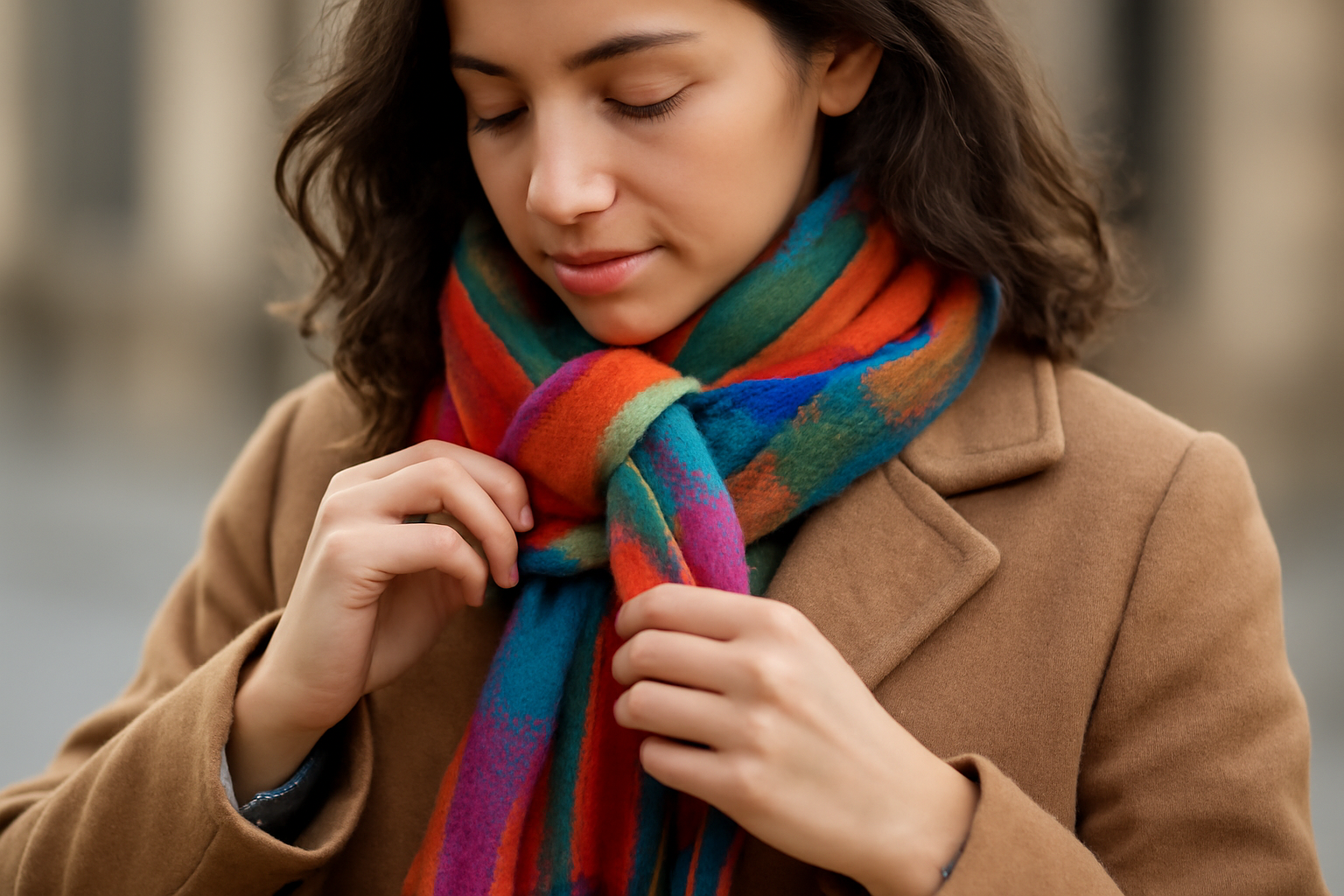 magasindemode-assortir-echarpe-couleur-sobre femme nouant une écharpe colorée sur manteau