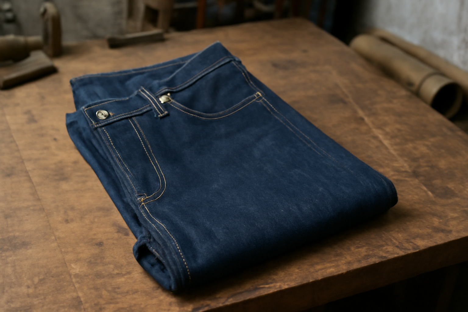magasindemode-atelier-tuffery-jeans jean brut posé sur table atelier
