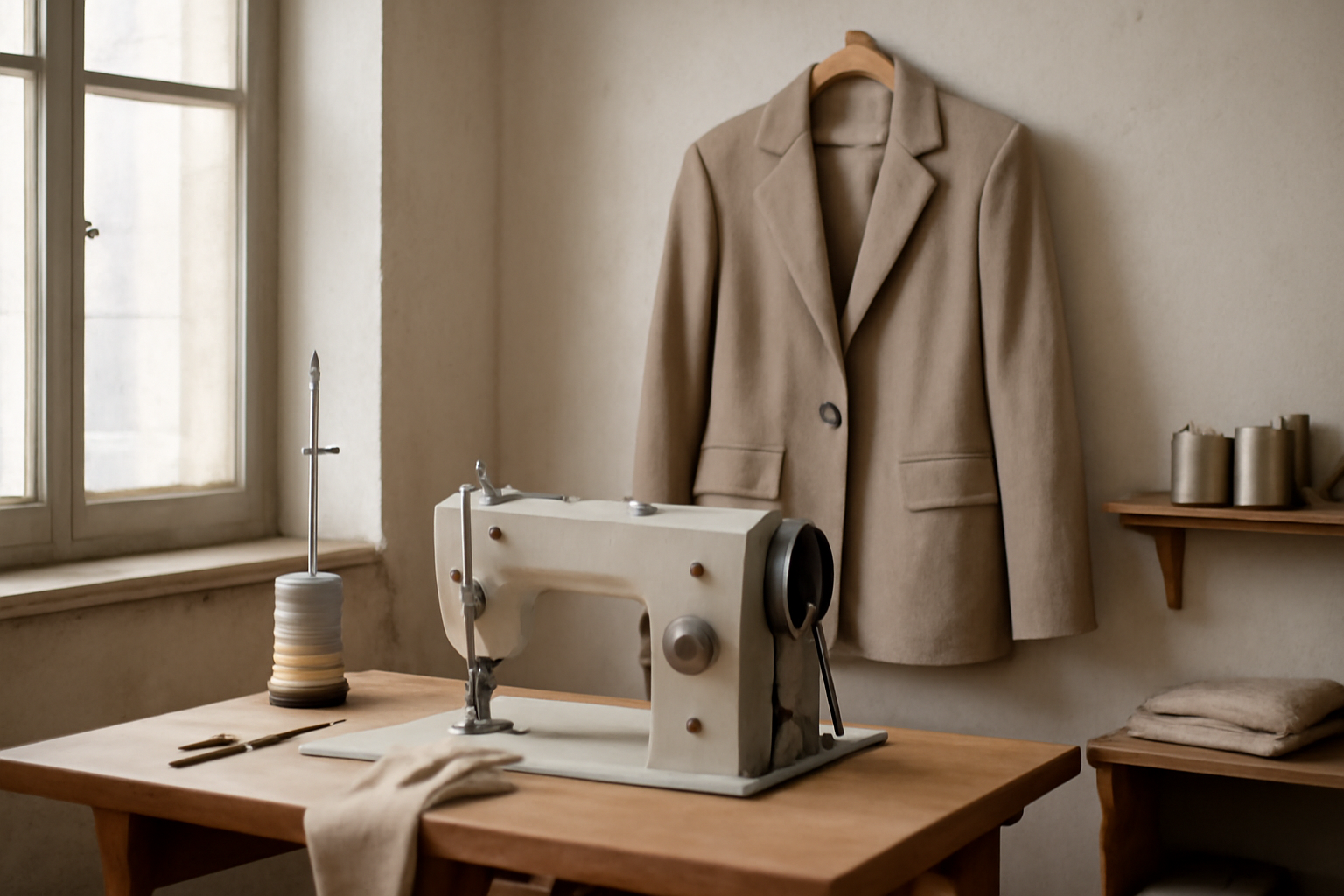 magasindemode-ateliers-retouches-soirs atelier de couture avec machine et veste suspendue