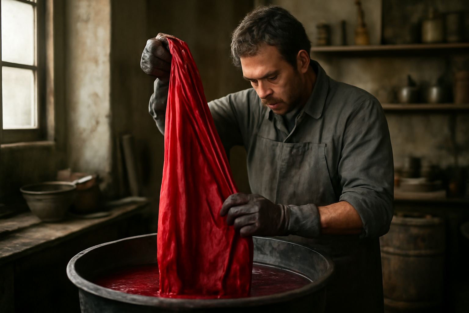 magasindemode-ateliers-teinture-reparation-local artisan teignant un tissu dans atelier