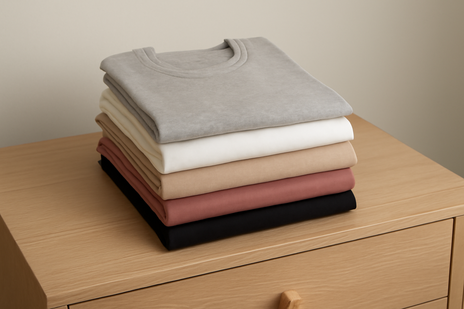 magasindemode-basiques-routine-matinale pile de t-shirts basiques sur commode