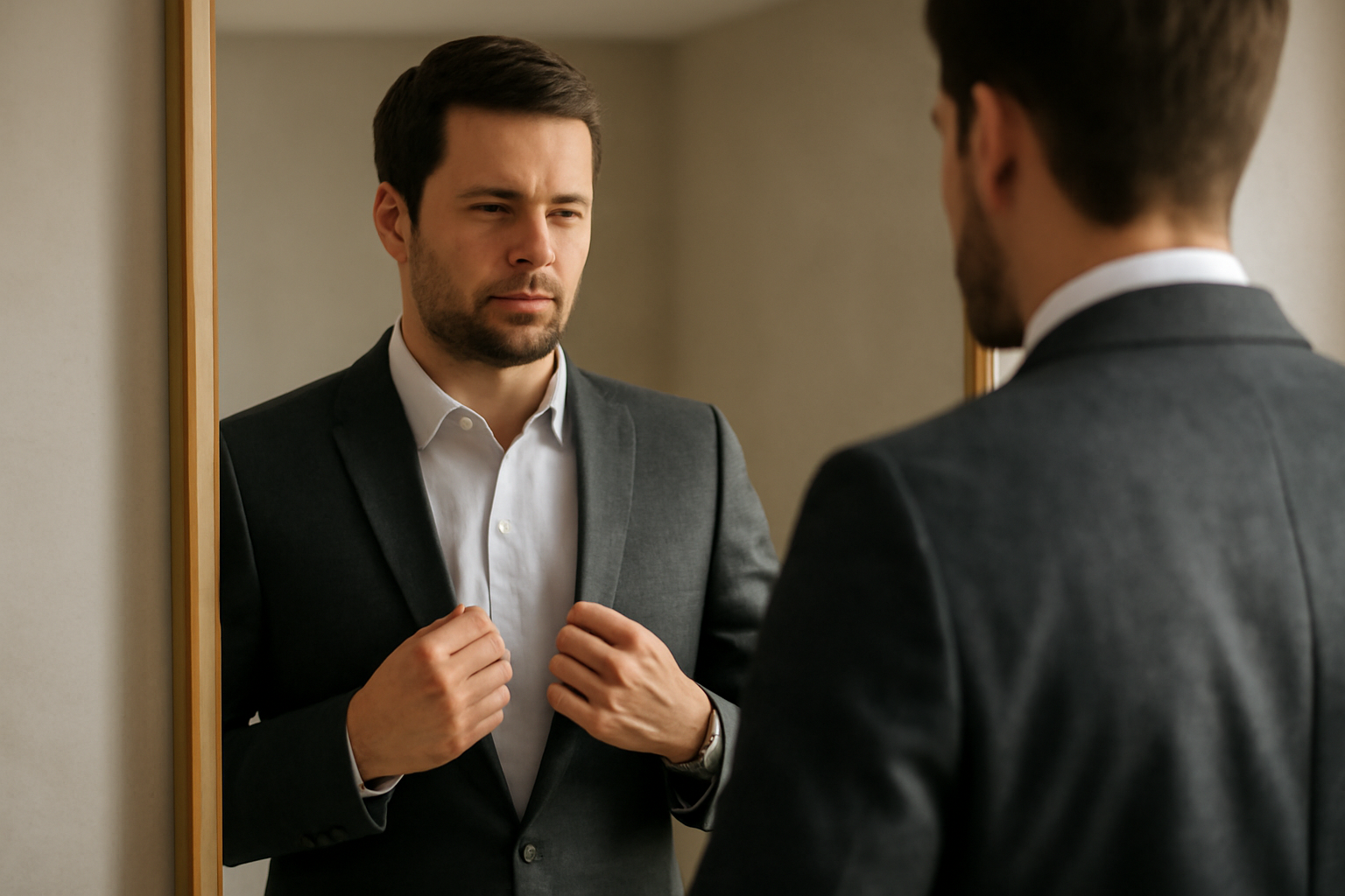 magasindemode-blazer-moderniser-tenue-bureau homme ajustant blazer devant miroir