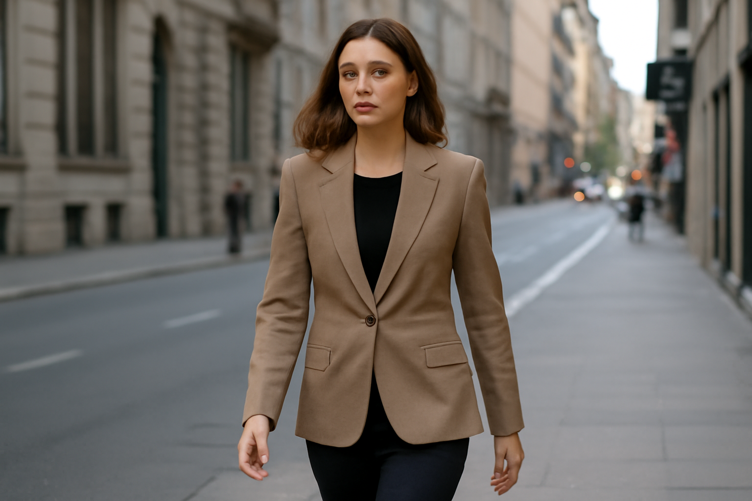 femme portant blazer marchant en ville