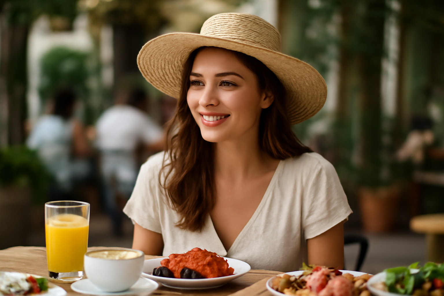magasindemode-chapeau-brunch-exterieur femme portant un chapeau de paille lors d'un brunch