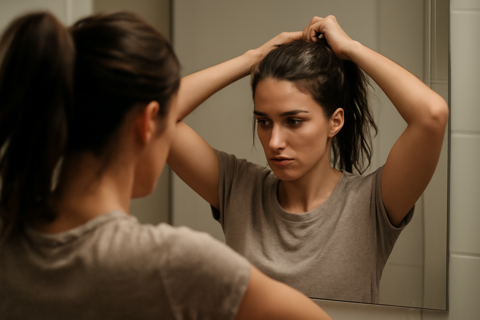 magasindemode-coiffure-rapide-rendez-vous femme attachant rapidement ses cheveux devant miroir