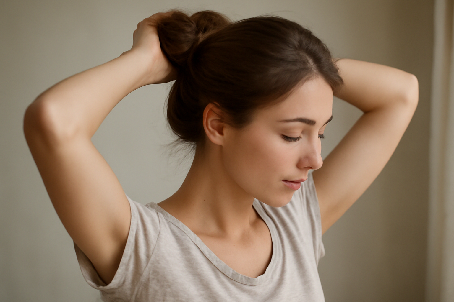 femme relevant cheveux en chignon décontracté
