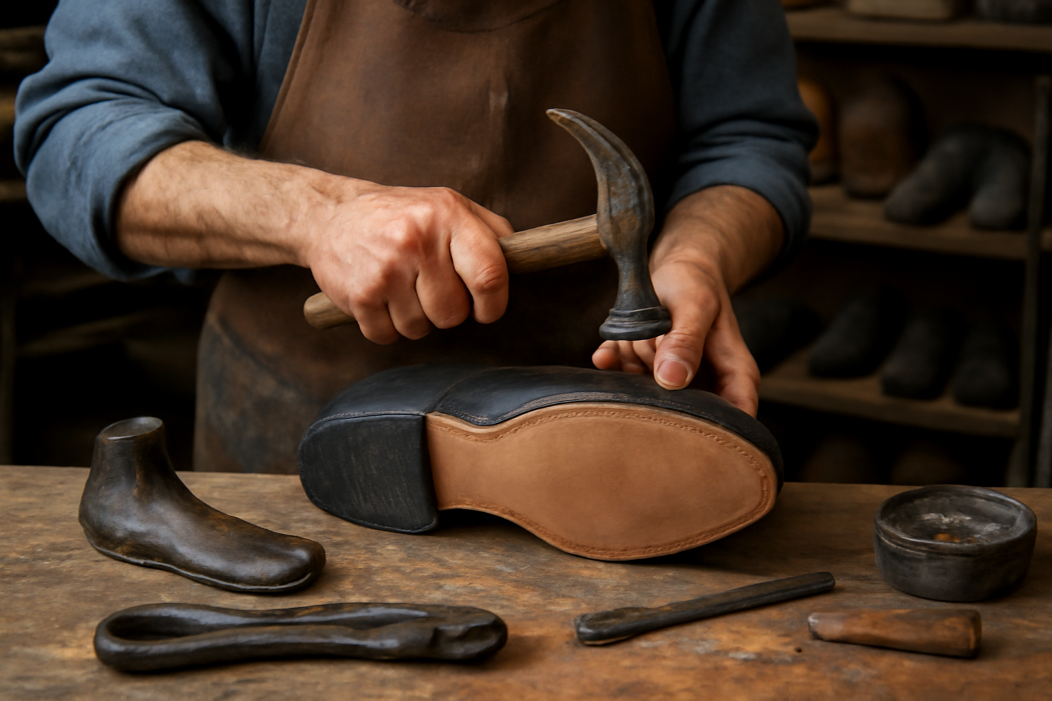 cordonnier reparant semelle sur etabli