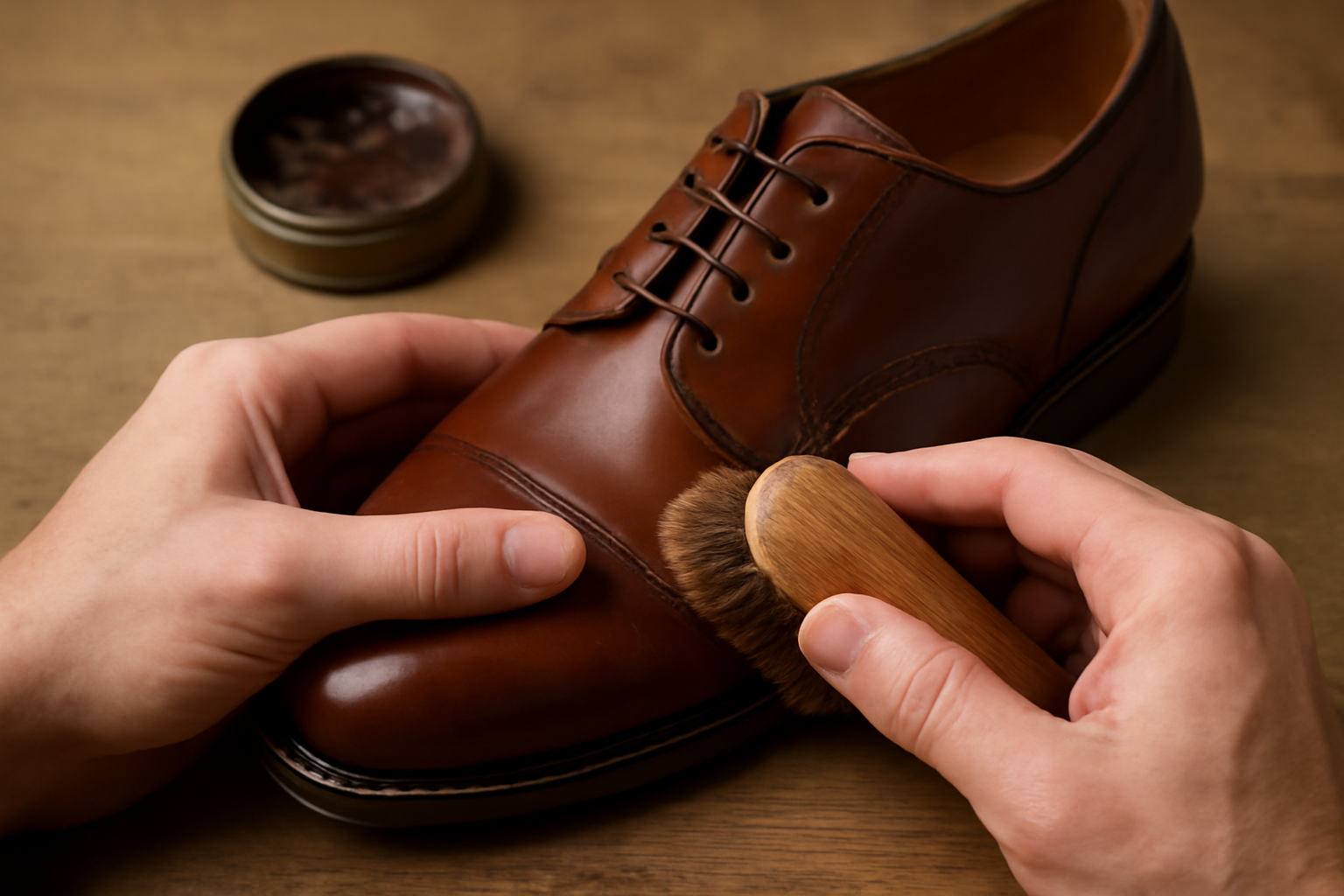 magasindemode-coup-eclat-cuir mains appliquant cire sur une chaussure en cuir