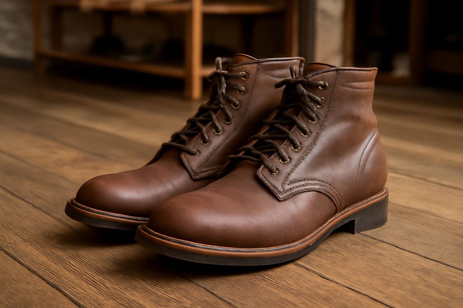 magasindemode-criteres-achat-bottes-cuir paire de bottes posée sur sol boutique en bois