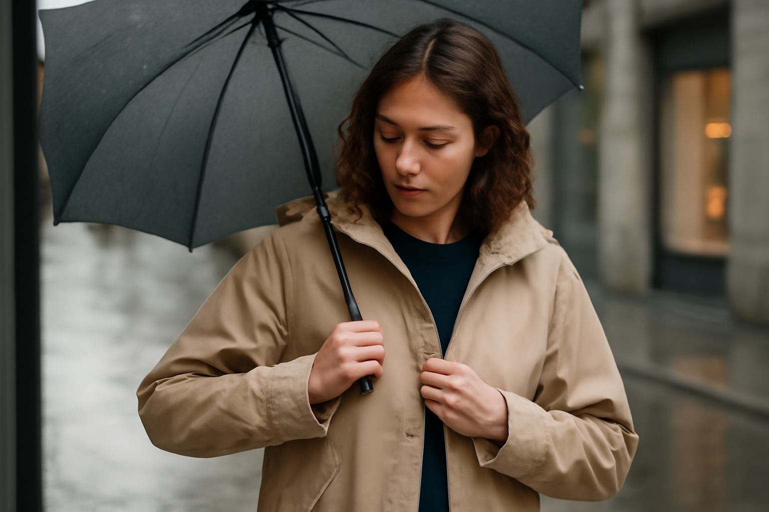 magasindemode-criteres-achat-veste-pluie personne essayant une veste sous parapluie