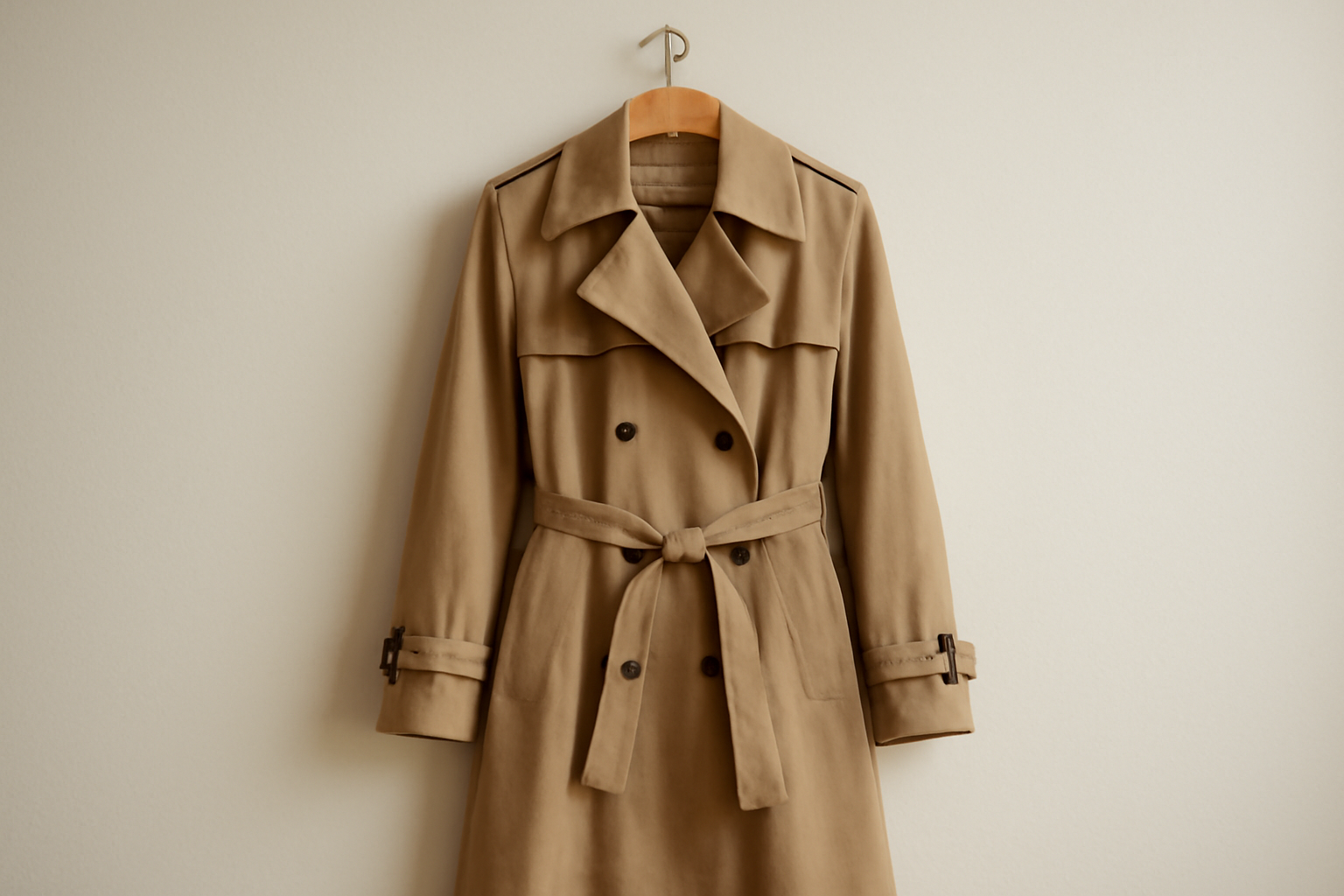 magasindemode-dior-trench-investissement trench accroché sur porte manteau neutre