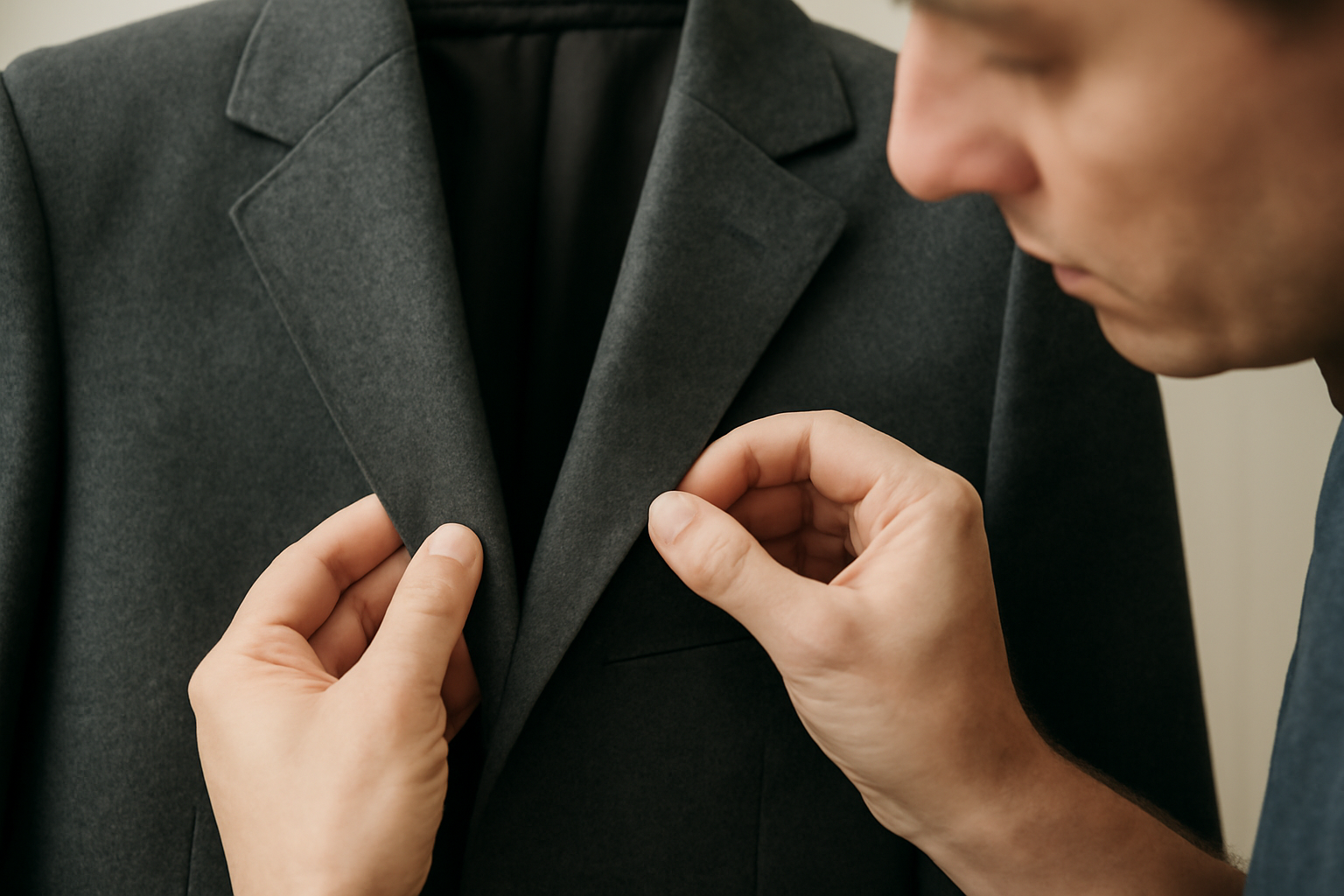 personne examinant couture et tissu d'une veste