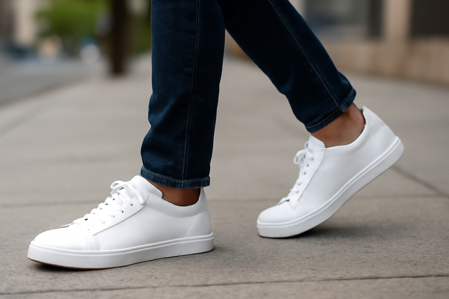 magasindemode-keds-baskets-ville personne marchant en baskets blanches sur trottoir