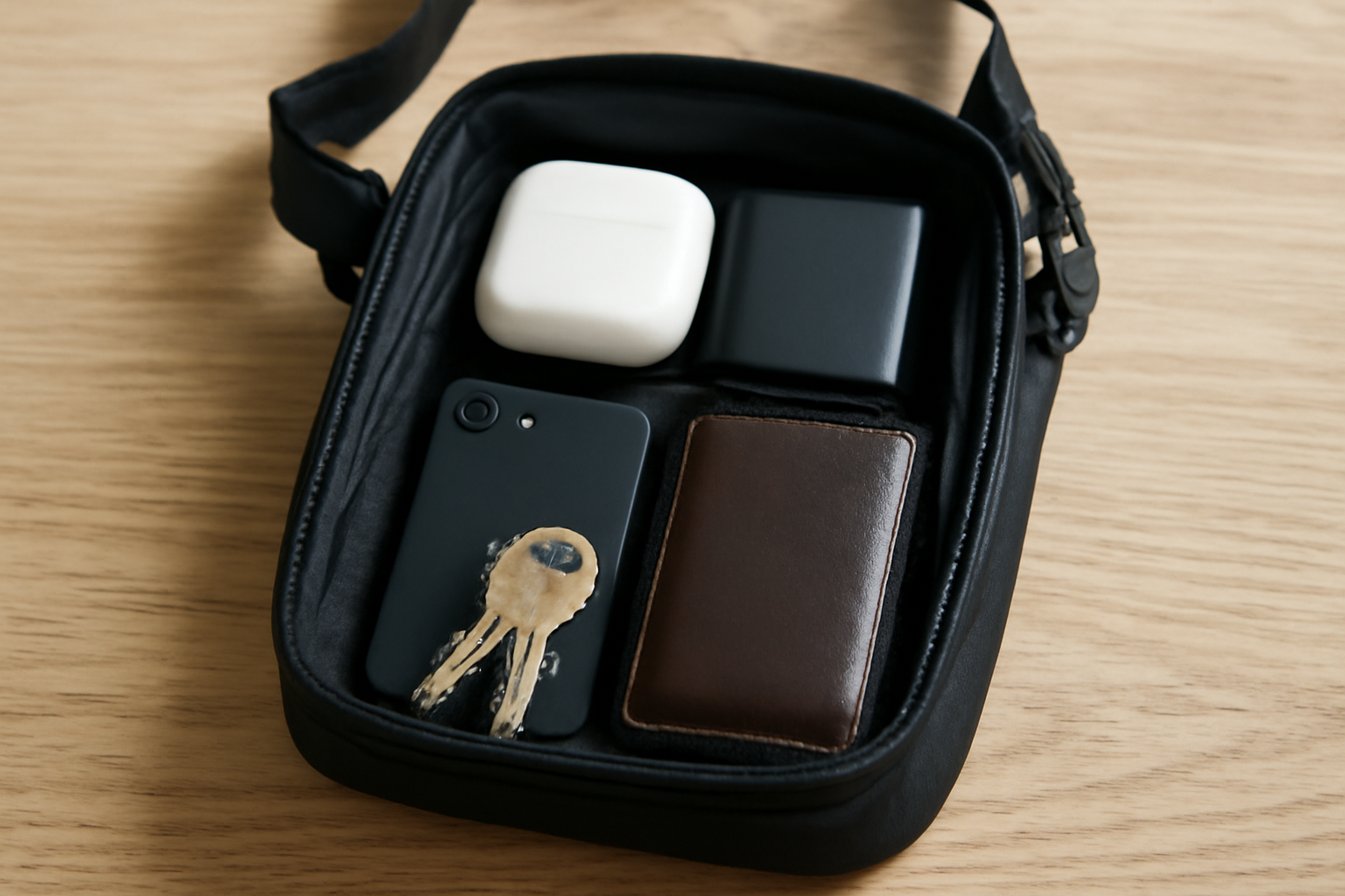 magasindemode-kit-minimal-journee-shopping sac compact ouvert avec essentiels de sortie