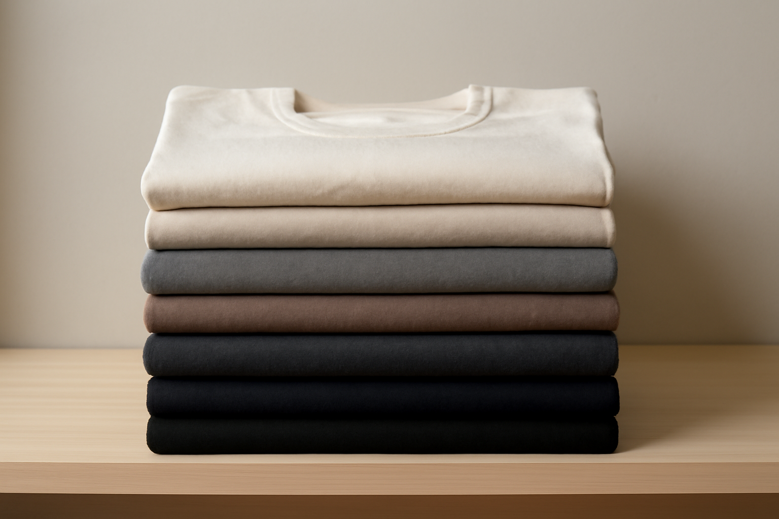 magasindemode-la-redoute-basiques-durables pile de t-shirts pliés sur étagère neutre
