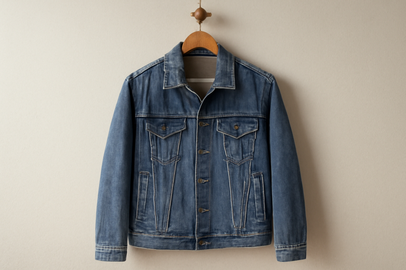 magasindemode-lavage-veste-denim veste denim accrochée sur patère en bois