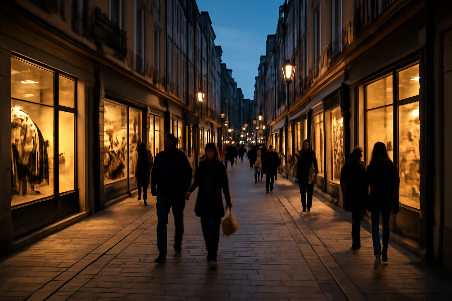 rue commerçante éclairée en début de soirée